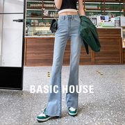 Basic House/百家好2024女士高腰显瘦开衩微喇显瘦牛仔长裤