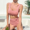粉色吊带泳衣女款夏高级感性感分体比基尼大胸纯欲风泳装2023