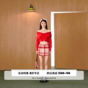 necy梅花系列红色，格纹短款下装，复古高腰毛呢短裙短裤新年