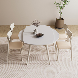 优尚家具 实木奶油风岩板餐桌可变圆桌现代简约可伸缩折叠饭桌子