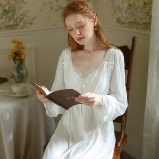 很仙的白色睡裙女2024春秋纯棉法式复古宫廷宽松长睡裙带胸垫