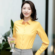 秋季纯黄色正领衬衫，女长袖商务休闲职业工装，衬衣修身通勤ol打底衫