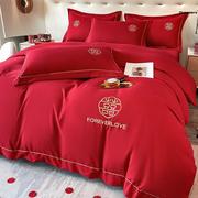 。结婚床上用品四件套高级感纯棉中式红色系床单被罩4件套女方陪