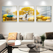 轻奢新中式客厅装饰画壁画金色发财树挂画墙画餐厅晶瓷水晶三联画