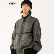 xiein写映设计师男装罗纹，毛呢花灰色棉，羊毛阔型小立领夹克