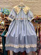蓝色绣花长裙精细棉布森系连衣裙夏季短袖，长款宽松大码收腰翻领