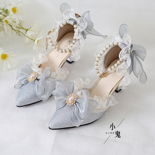 原创法式少女lolita高跟鞋，优雅精致刺绣，洛丽塔宫廷风尖头婚鞋凉鞋