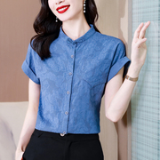 棉麻衬衫女士短袖夏季苎麻衬衣中式国风盘扣小衫立领亚麻上衣