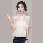 新中式轻国风刺绣上衣女2024夏季减龄气质高级感短款雪纺衬衫