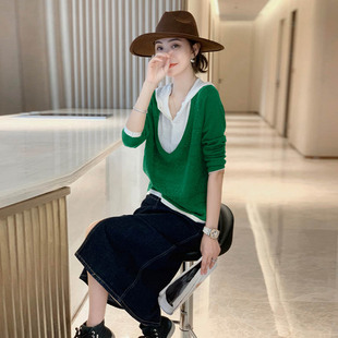 绿色假两件连帽卫衣女薄时尚洋气小个子针织上衣春季2024欧货