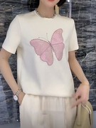 欧洲站2024春夏洋气刺绣粉色蝴蝶短袖T恤女时尚修身百搭上衣