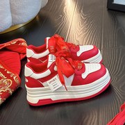 网红红色婚鞋g女休闲鞋真皮，厚底新娘结婚鞋，2024春秋韩版包鞋