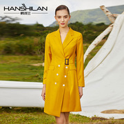 姜黄色连衣裙收腰显瘦气质双排扣风衣小香风