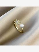 开口珍珠花朵镶钻戒指时尚个性ins潮网红轻奢小众精致设计食指戒