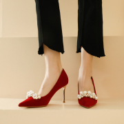 婚鞋2023春季绸缎女单鞋名媛气质红色尖头细跟女鞋珍珠高跟鞋