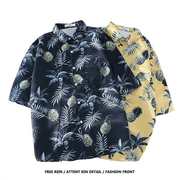韩国复古树叶菠萝碎花情侣短袖，衬衫夏日百搭男女同款沙滩海边衬衣