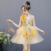 儿童礼服公主裙主持人模特走秀演出金色羽毛洋气钢琴演奏女童春夏