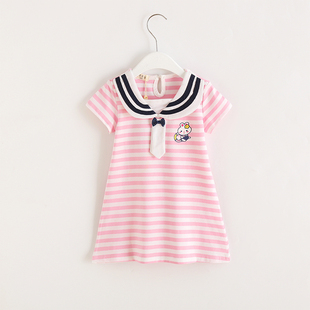 女童短袖t恤裙夏季宝宝中大童韩版海军风条纹儿童中长上衣裙