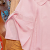 rom2复古甜美粉色蝴蝶结，休闲慵懒风喇叭袖，显瘦雪纺衫遮阳衫