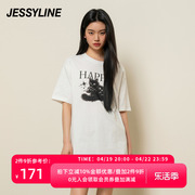 jessyline杰茜莱白色字母猫咪宽松T恤女2024春夏纯棉百搭上衣