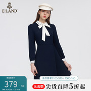 Eland衣恋长袖连衣裙女藏青色显瘦蝴蝶结通勤职业裙子夏季