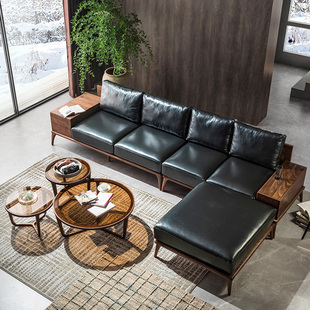 北美黑胡桃木沙发北欧现代简约转角实木沙发，真皮家用储物客厅家具