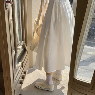 自制甜美日系白色高腰半身裙，女夏法式文艺，学生工装风中长款a字裙
