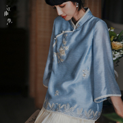 江南范新中式女装改良蓝色，旗袍上衣绣花年轻款民国风，复古气质小衫