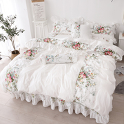 韩式全棉四件套纯棉床裙式田园小碎花公主风1.8m白色蕾丝床上用品