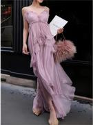 紫色雪纺吊带连衣裙，女夏2023法式高端轻奢度假风，宴会礼服裙子