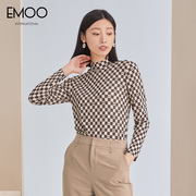 EMOO杨门秋冬logo印花薄长袖高领打底衫女内搭修身长袖T恤女