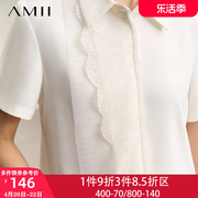Amii夏季2024极简短袖翻领蕾丝花边雪纺衫小资轻奢女装上衣