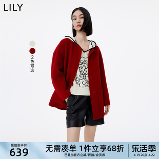 lily2024春女装绵羊毛设计感绣花双面呢小个子呢子大衣外套女