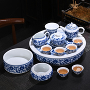 功夫茶具套装经典青花瓷陶瓷，盖碗三才杯，家用莲花茶盘复古整套茶道
