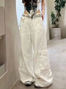 DDNX美式重工设计白色工装牛仔裤女春秋高腰直筒显瘦宽松阔腿裤子