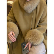 狐狸毛袖口(毛袖口)大毛领双面，呢手工绵羊毛，大衣女秋冬贵气中长款外套