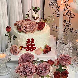 中式婚礼蛋糕装饰摆件铁艺圆形囍凤凰订婚礼结婚喜字甜品台插件
