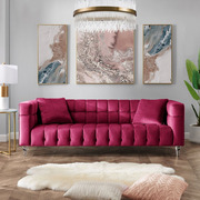 美式轻奢天鹅绒拉扣舒适三人玫红色软包沙发现代设计师亚克力沙发