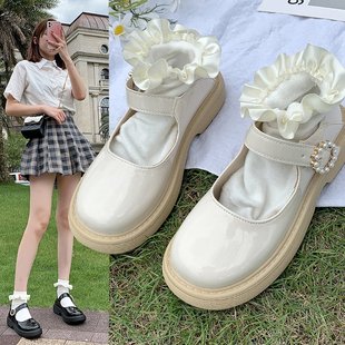 自然卷文艺女鞋夏季jk圆头，平跟法式娃娃鞋，小皮鞋浅口玛丽珍鞋