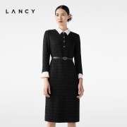 LANCY/朗姿2023秋冬长袖小香风黑色连衣裙女系带撞色气质裙子