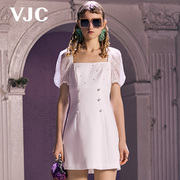 VJC/威杰思春夏女装法式方领连衣裙蕾丝泡泡袖高腰短裙