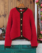 韩国制原单撞色毛圈圈马海毛，纯羊毛温暖厚款枣红毛衣开衫外套