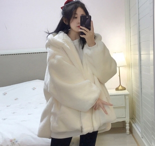 2023冬季韩版羊羔毛外套(毛外套，)女中长款连帽獭兔毛绒绒皮草大衣加厚