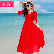 2024红色夏季长款雪纺连衣裙波西米亚度假五分袖修身显瘦长裙