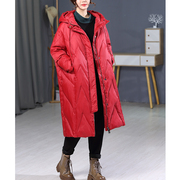 红色羽绒服女冬装2021年原创大牌复古宽松大码加厚白鸭绒(白鸭绒)外套