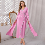 中东长裙粉色V领设计感款裹裙手缝钻飘袖长裙聚会演出 微礼服