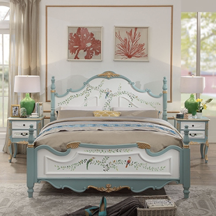 地中海床田园风格主，卧床1.8米双人床欧式彩绘，家具美式乡村实木床