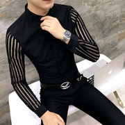 个性潮男秋季男子韩版长袖衬衫镂空蕾丝袖修身发型师修身紧身衬衣