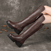 靴子女长筒靴2023秋冬款真皮，过膝长靴复古牛皮，粗跟厚底高筒骑士靴