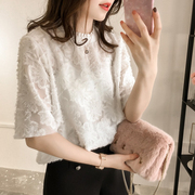 夏季韩版雪纺蕾丝五分袖毛边，花朵衫女短袖，上衣宽松纯色打底衫